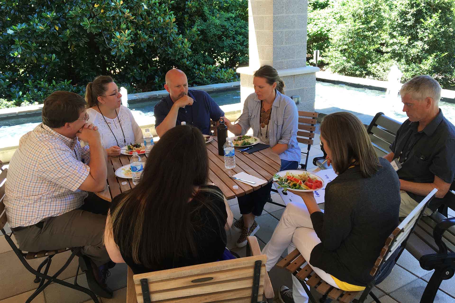 Mealtime on the patio of the Mary Black Foundation during the 2016 Gathering.